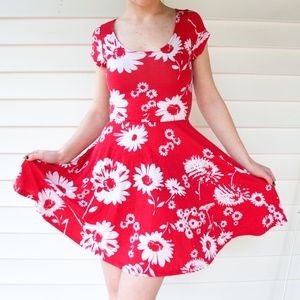 S Red Floral Skater Skirt Dress